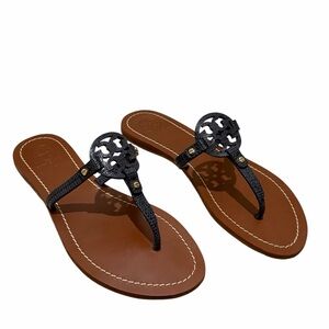 Tory Burch Mini Miller Flat Thong Sandals Snakeskin Dark Navy Tan Sole Size 6